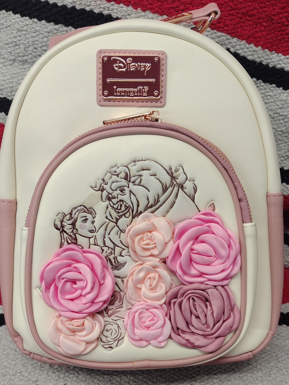 Loungefly Cream and Pink Beauty and the Beast Mini Bag with Rose Appliqués